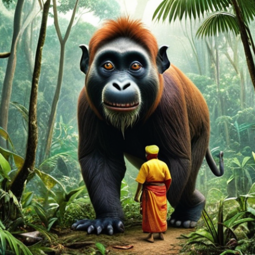 Home 4 **"Sang Kancil outsmarting a larger animal in a lush Malaysian rainforest, vibrant colors, traditional Malay folklore illustration."** (Focus: Cleverness and bravery through the folktale)