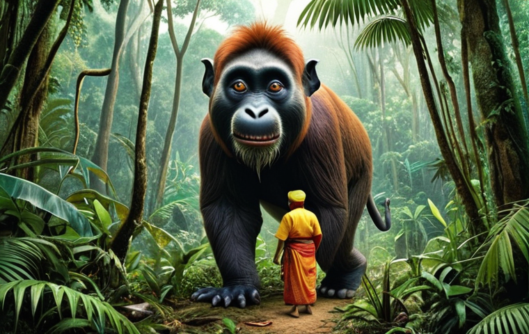 **"Sang Kancil outsmarting a larger animal in a lush Malaysian rainforest, vibrant colors, traditional Malay folklore illustration."** (Focus: Cleverness and bravery through the folktale)